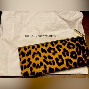 Diane von Furstenberg leopard faux fur clutch with chain